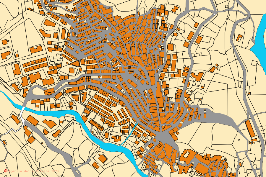 Mapa catastral del centro de Oriolo: parcelas y edificios, cartografía de la Agenzia delle Entrate