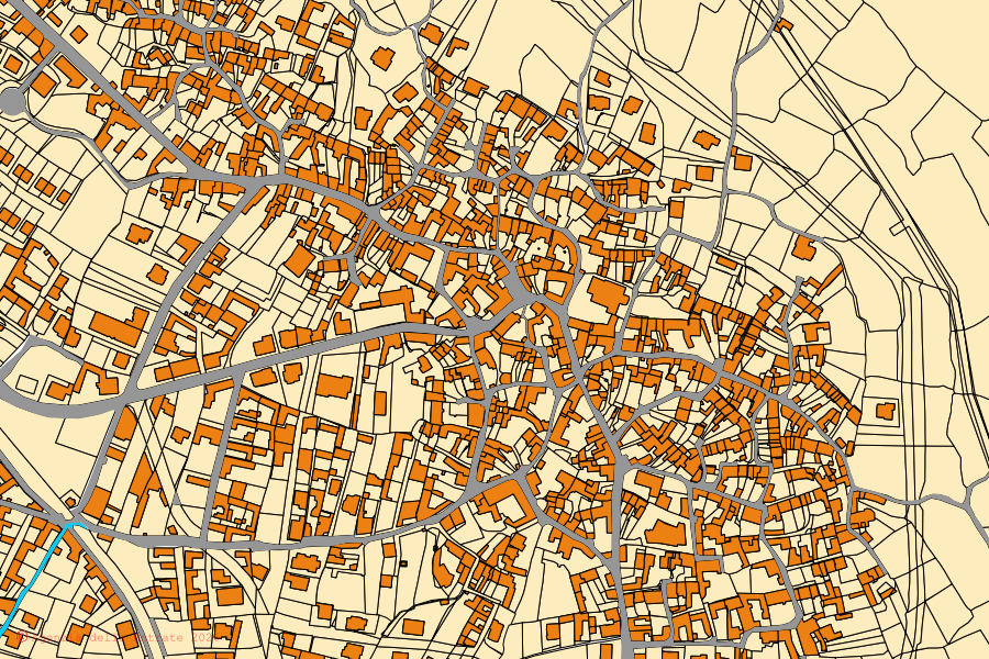 Mapa catastral del centro de Orroli: parcelas y edificios, cartografía de la Agenzia delle Entrate