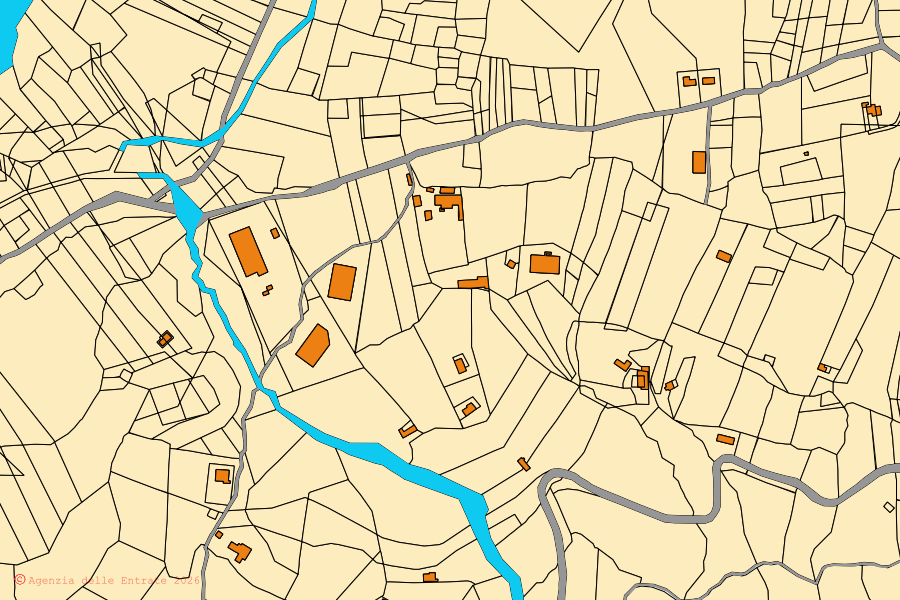 Mapa catastral del centro de Orsomarso: parcelas y edificios, cartografía de la Agenzia delle Entrate