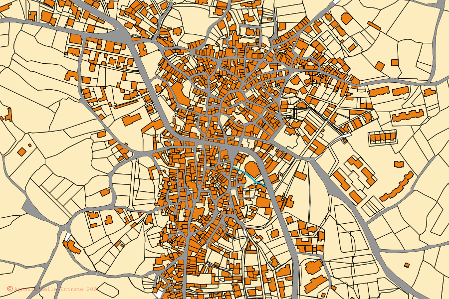 Mapa catastral del centro de Ortueri: parcelas y edificios, cartografía de la Agenzia delle Entrate