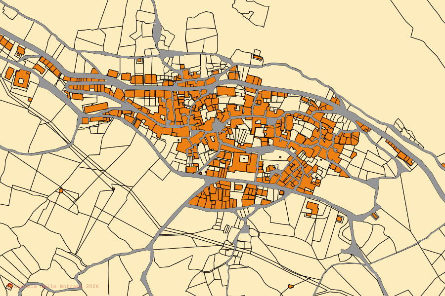 Mapa catastral del centro de Ottati: parcelas y edificios, cartografía de la Agenzia delle Entrate