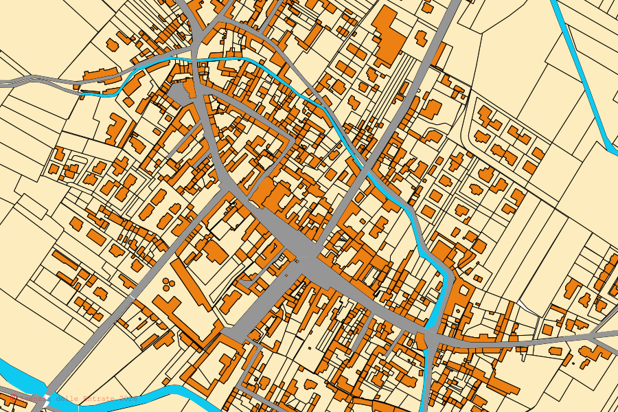 Mapa catastral del centro de Ottobiano: parcelas y edificios, cartografía de la Agenzia delle Entrate