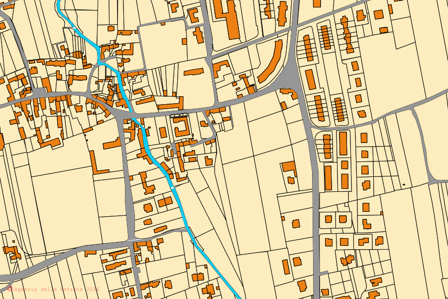 Mapa catastral del centro de Pagnacco: parcelas y edificios, cartografía de la Agenzia delle Entrate