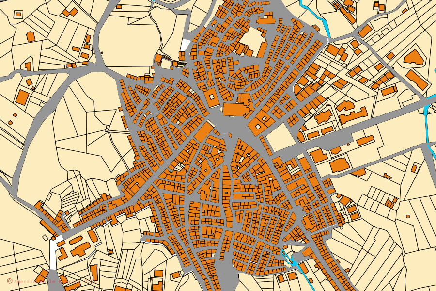 Mapa catastral del centro de Palazzo Adriano: parcelas y edificios, cartografía de la Agenzia delle Entrate