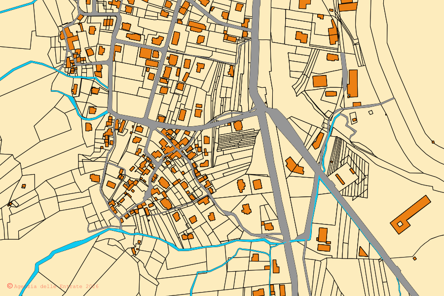 Mapa catastral del centro de Pallanzeno: parcelas y edificios, cartografía de la Agenzia delle Entrate