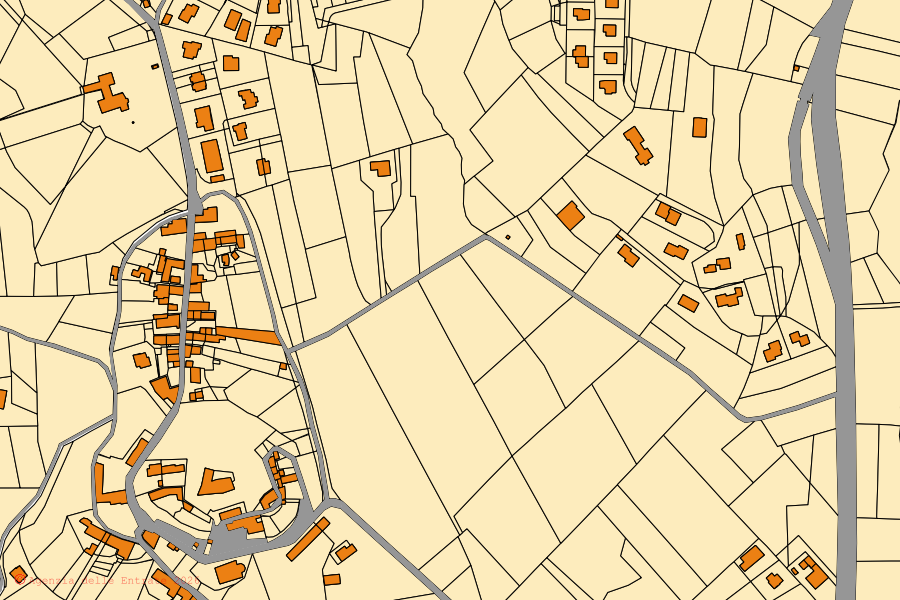 Mapa catastral del centro de Pavarolo: parcelas y edificios, cartografía de la Agenzia delle Entrate