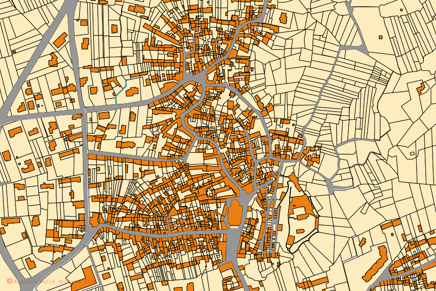 Mapa catastral del centro de Pavone Canavese: parcelas y edificios, cartografía de la Agenzia delle Entrate