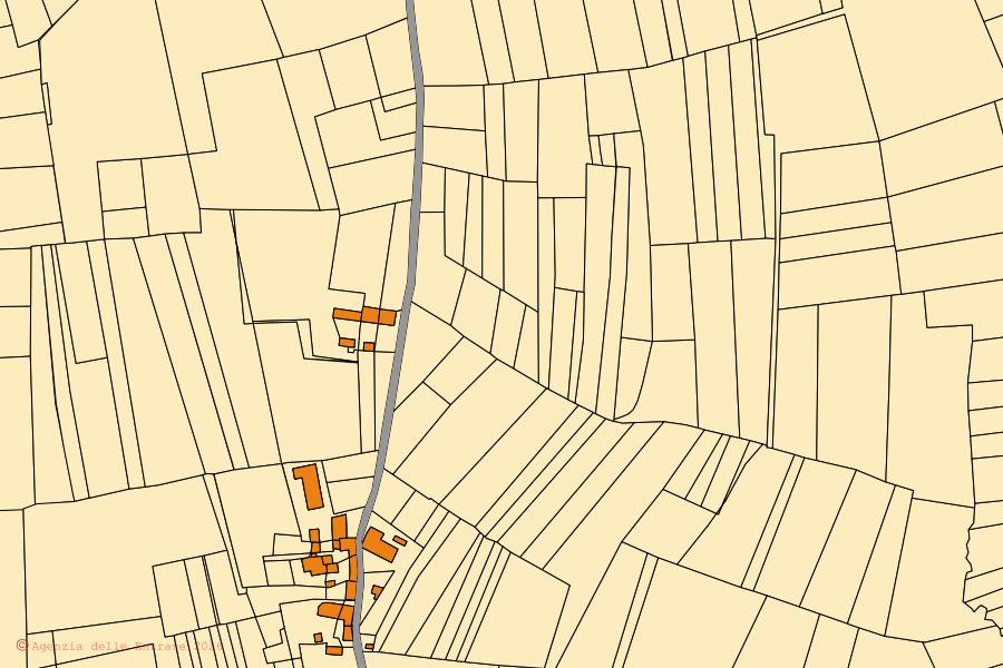 Mapa catastral del centro de Penango: parcelas y edificios, cartografía de la Agenzia delle Entrate