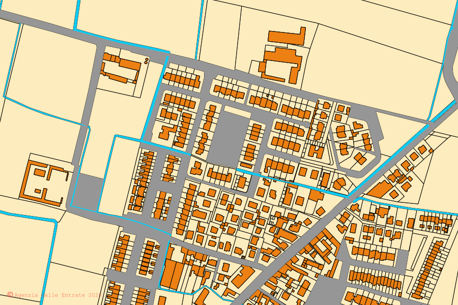 Mapa catastral del centro de Persico Dosimo: parcelas y edificios, cartografía de la Agenzia delle Entrate