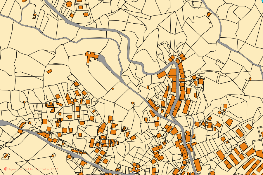 Mapa catastral del centro de Petilia Policastro: parcelas y edificios, cartografía de la Agenzia delle Entrate