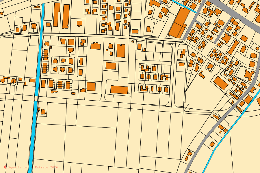 Mapa catastral del centro de Pettorazza Grimani: parcelas y edificios, cartografía de la Agenzia delle Entrate