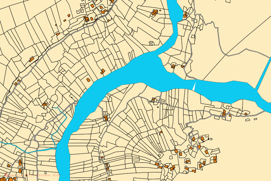 Mapa catastral del centro de Piedicavallo: parcelas y edificios, cartografía de la Agenzia delle Entrate