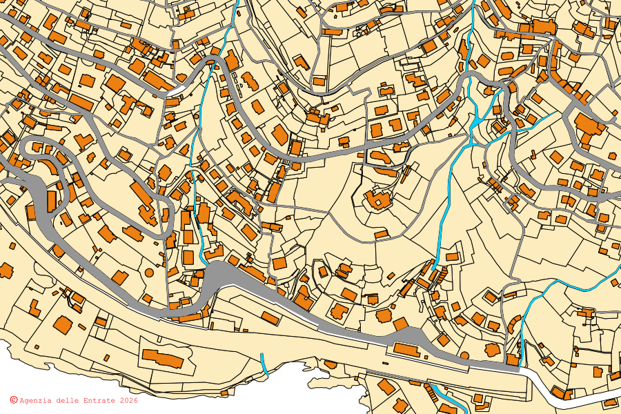 Mapa catastral del centro de Pieve Ligure: parcelas y edificios, cartografía de la Agenzia delle Entrate