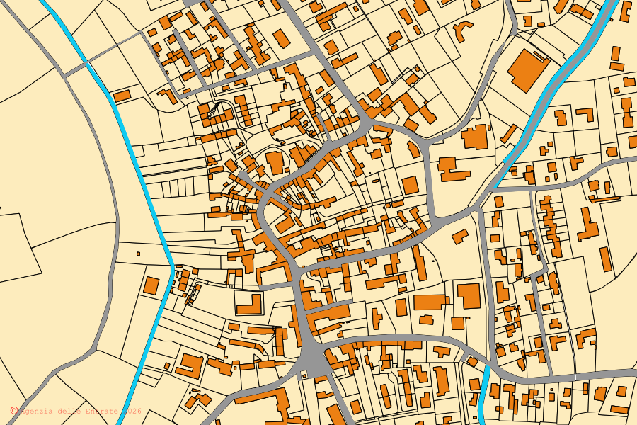Mapa catastral del centro de Pocenia: parcelas y edificios, cartografía de la Agenzia delle Entrate