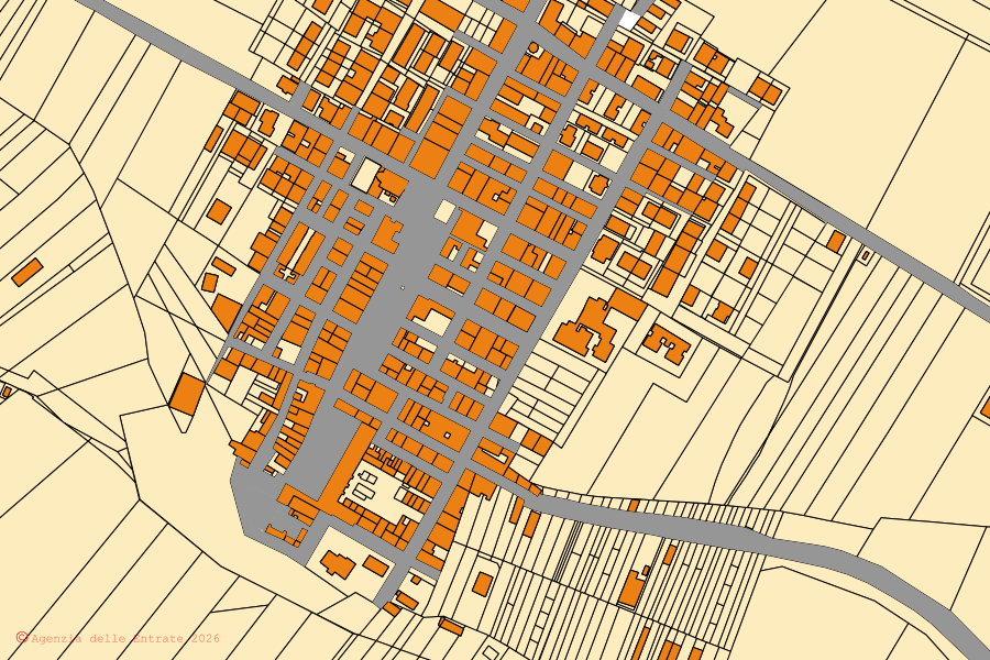 Mapa catastral del centro de Poggiorsini: parcelas y edificios, cartografía de la Agenzia delle Entrate