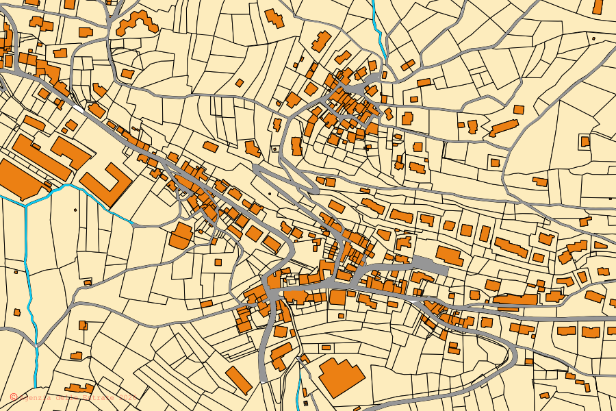 Mapa catastral del centro de Polaveno: parcelas y edificios, cartografía de la Agenzia delle Entrate