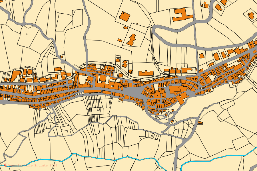 Mapa catastral del centro de Pollutri: parcelas y edificios, cartografía de la Agenzia delle Entrate
