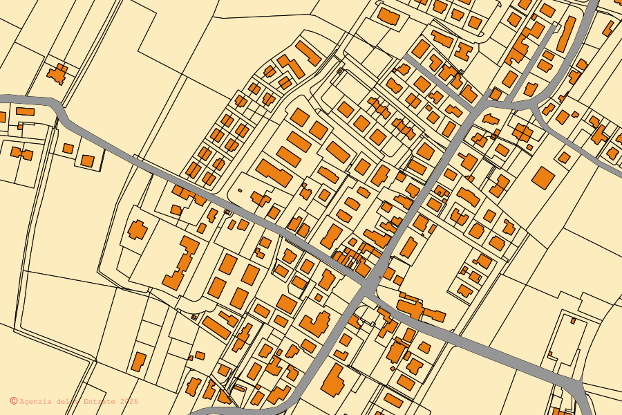 Mapa catastral del centro de Polverara: parcelas y edificios, cartografía de la Agenzia delle Entrate