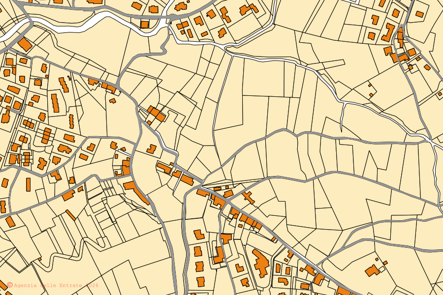 Mapa catastral del centro de Ponteranica: parcelas y edificios, cartografía de la Agenzia delle Entrate