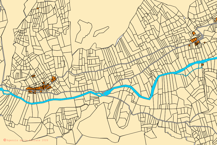 Mapa catastral del centro de Prali: parcelas y edificios, cartografía de la Agenzia delle Entrate