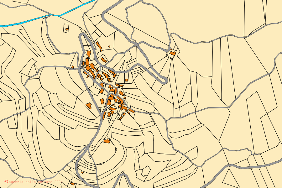 Mapa catastral del centro de Prepotto: parcelas y edificios, cartografía de la Agenzia delle Entrate