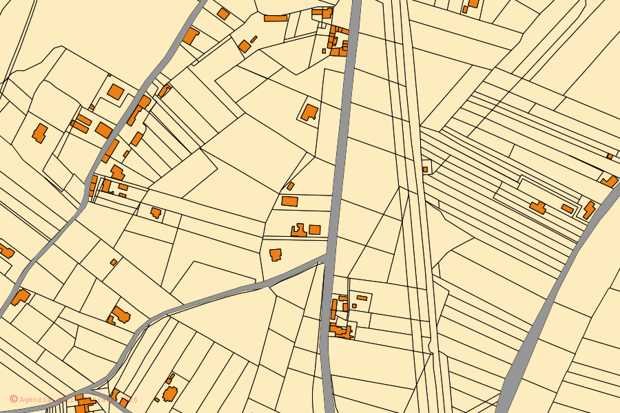 Mapa catastral del centro de Presenzano: parcelas y edificios, cartografía de la Agenzia delle Entrate
