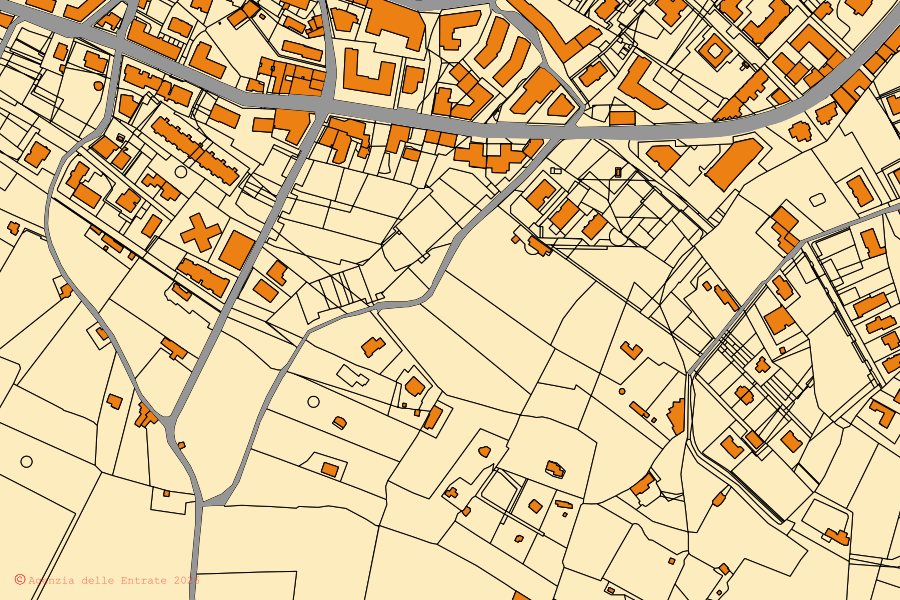 Mapa catastral del centro de Putignano: parcelas y edificios, cartografía de la Agenzia delle Entrate