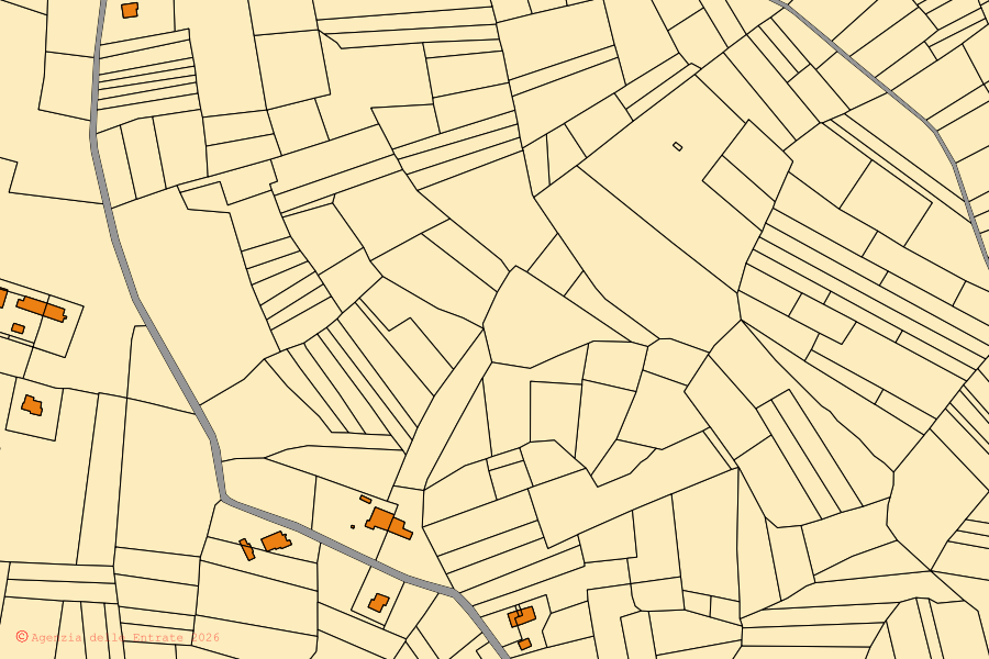 Mapa catastral del centro de Quargnento: parcelas y edificios, cartografía de la Agenzia delle Entrate