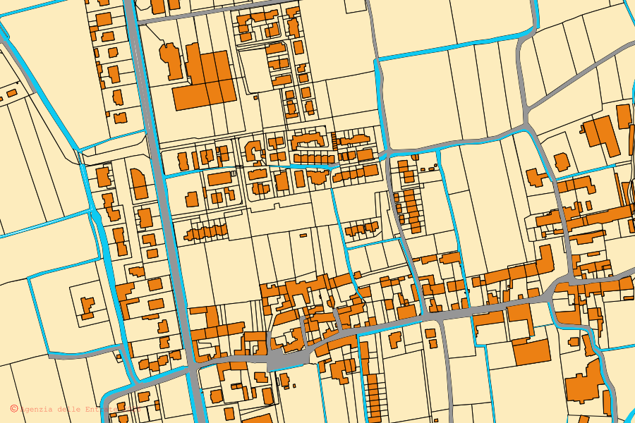 Mapa catastral del centro de Quintano: parcelas y edificios, cartografía de la Agenzia delle Entrate