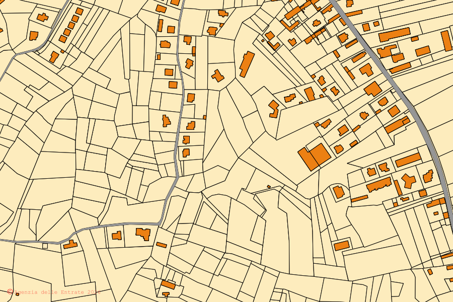 Mapa catastral del centro de Refrancore: parcelas y edificios, cartografía de la Agenzia delle Entrate