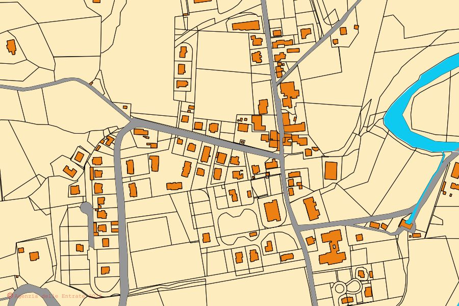 Mapa catastral del centro de Ripe San Ginesio: parcelas y edificios, cartografía de la Agenzia delle Entrate