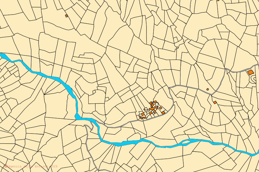 Mapa catastral del centro de Rittana: parcelas y edificios, cartografía de la Agenzia delle Entrate
