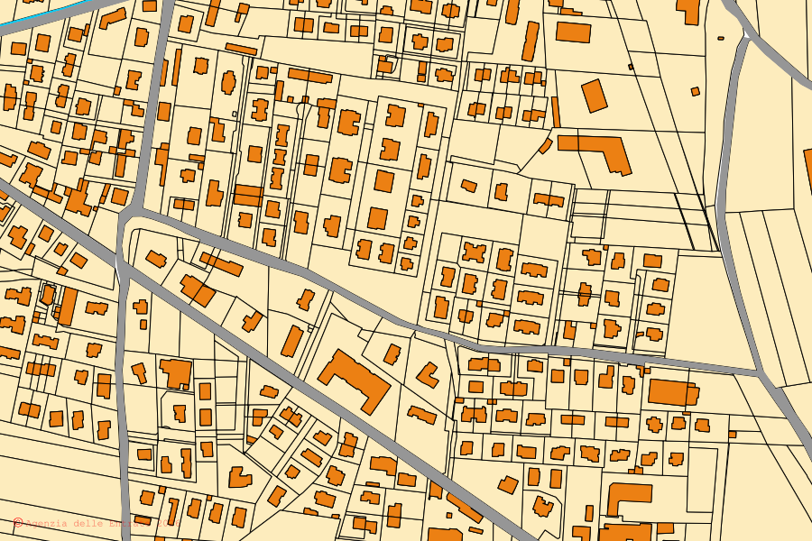 Mapa catastral del centro de Riva presso Chieri: parcelas y edificios, cartografía de la Agenzia delle Entrate
