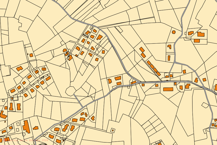 Mapa catastral del centro de Roana: parcelas y edificios, cartografía de la Agenzia delle Entrate