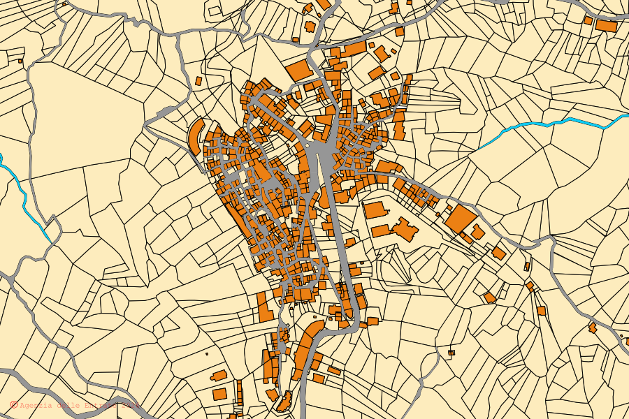 Mapa catastral del centro de Rocca Santo Stefano: parcelas y edificios, cartografía de la Agenzia delle Entrate