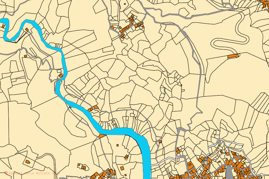 Mapa catastral del centro de Roccalumera: parcelas y edificios, cartografía de la Agenzia delle Entrate