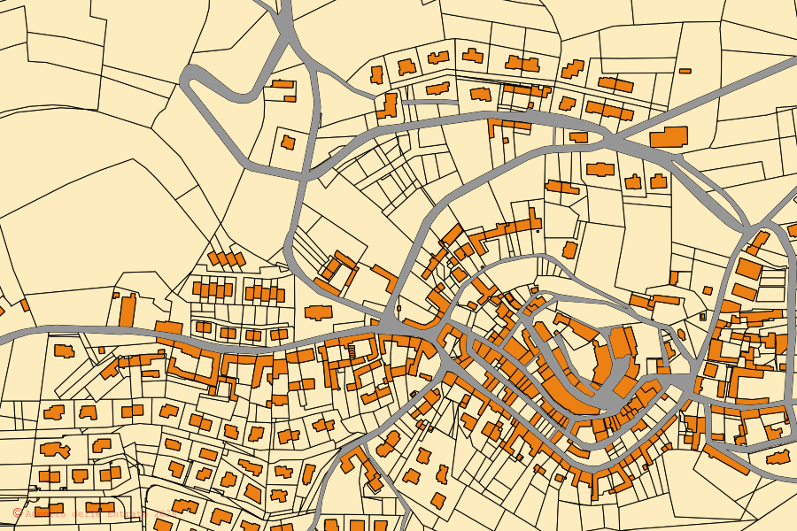 Mapa catastral del centro de Roddi: parcelas y edificios, cartografía de la Agenzia delle Entrate