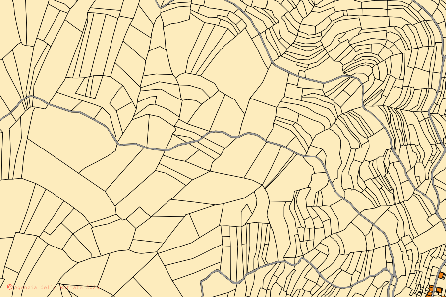 Mapa catastral del centro de Rondanina: parcelas y edificios, cartografía de la Agenzia delle Entrate