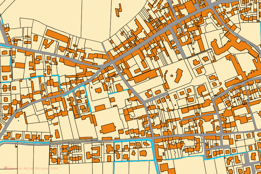 Mapa catastral del centro de San Bassano: parcelas y edificios, cartografía de la Agenzia delle Entrate