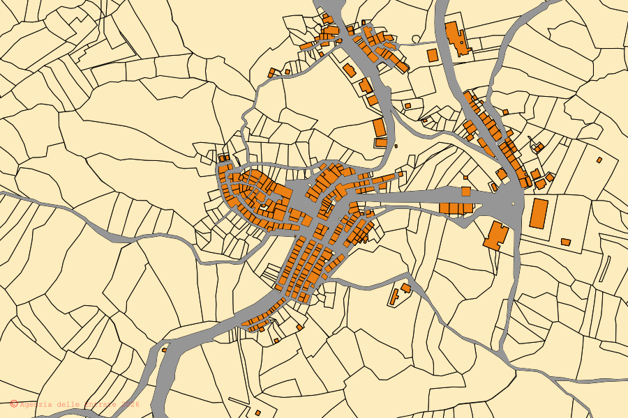 Mapa catastral del centro de San Biase: parcelas y edificios, cartografía de la Agenzia delle Entrate