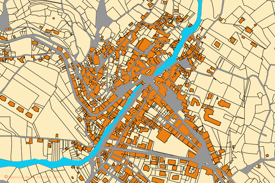 Mapa catastral del centro de San Donato Val di Comino: parcelas y edificios, cartografía de la Agenzia delle Entrate
