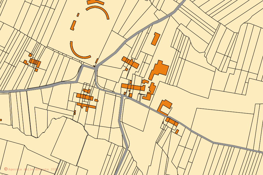 Mapa catastral del centro de San Francesco al Campo: parcelas y edificios, cartografía de la Agenzia delle Entrate