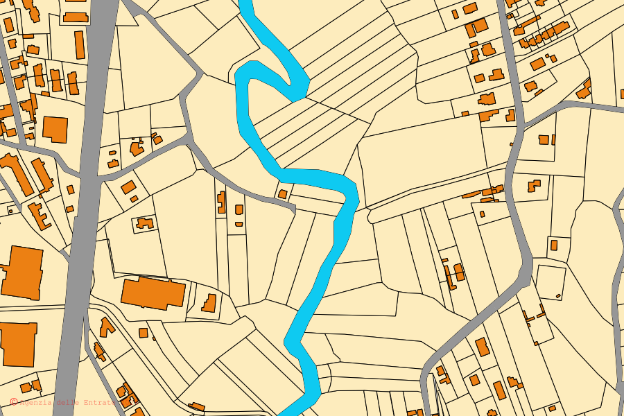 Mapa catastral del centro de San Giorgio di Nogaro: parcelas y edificios, cartografía de la Agenzia delle Entrate