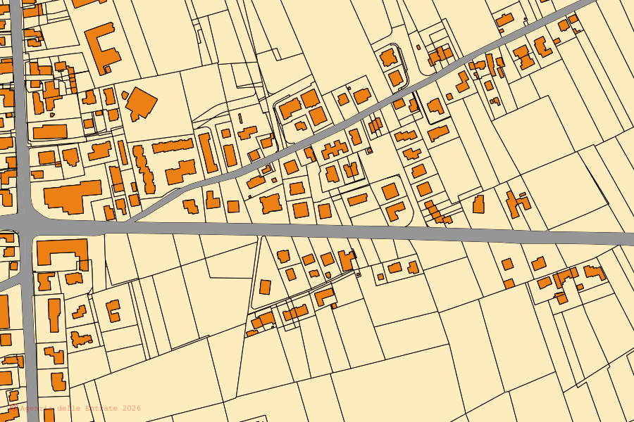 Mapa catastral del centro de San Giorgio in Bosco: parcelas y edificios, cartografía de la Agenzia delle Entrate