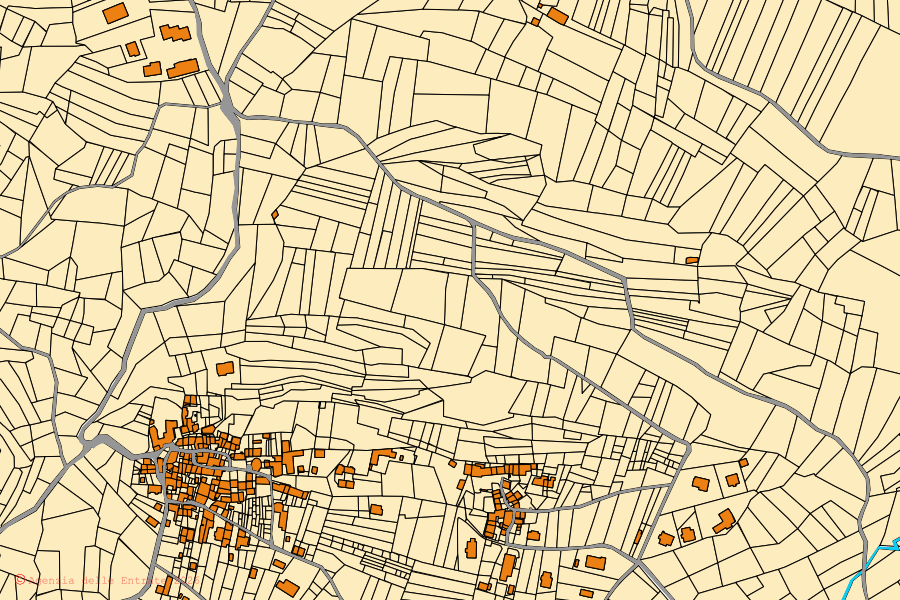 Mapa catastral del centro de San Giorio di Susa: parcelas y edificios, cartografía de la Agenzia delle Entrate