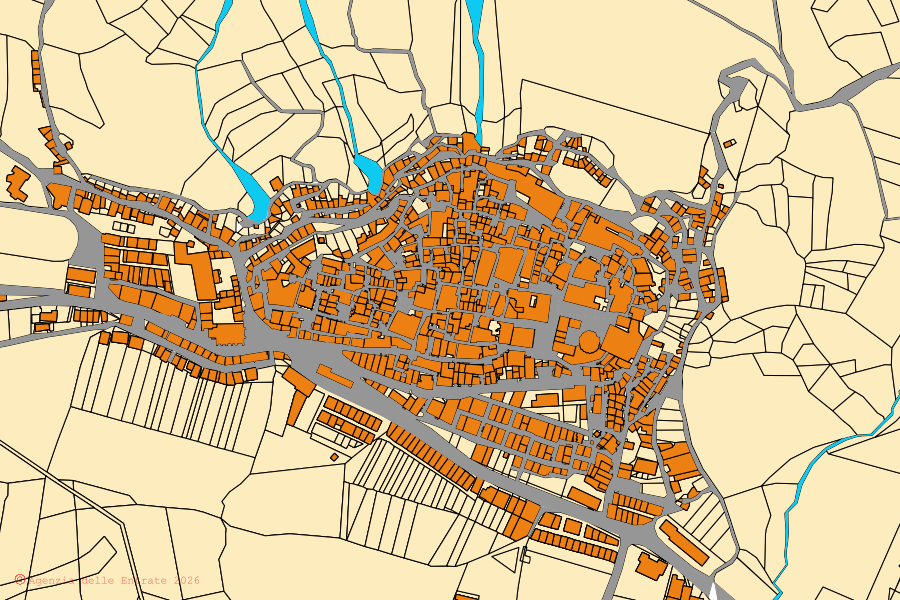 Mapa catastral del centro de San Mauro Forte: parcelas y edificios, cartografía de la Agenzia delle Entrate