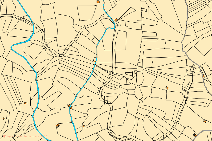 Mapa catastral del centro de San Pietro di Caridà: parcelas y edificios, cartografía de la Agenzia delle Entrate