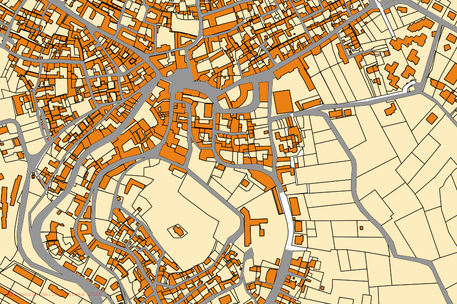 Mapa catastral del centro de San Salvatore Monferrato: parcelas y edificios, cartografía de la Agenzia delle Entrate