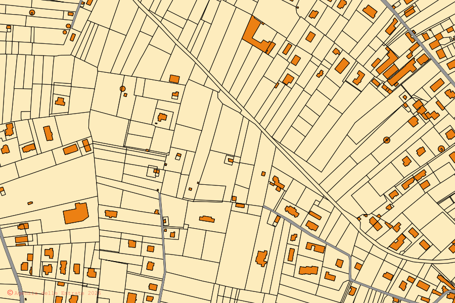 Mapa catastral del centro de San Valentino Torio: parcelas y edificios, cartografía de la Agenzia delle Entrate