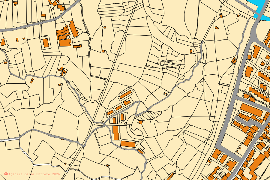 Mapa catastral del centro de Sant'Alessio Siculo: parcelas y edificios, cartografía de la Agenzia delle Entrate